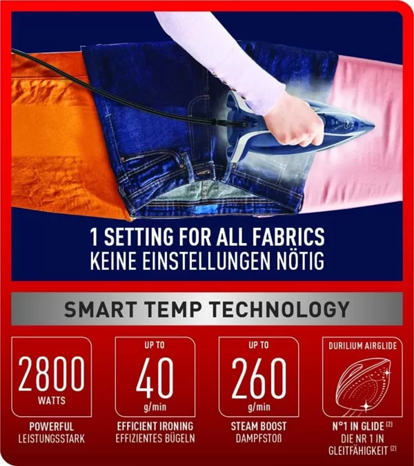 Tefal Smart Protect+ Steam Iron FV6872M0, 270 ml, 2800 Watts, Durilium Airglide Soleplate Technology - Blue & Silver - Image 5