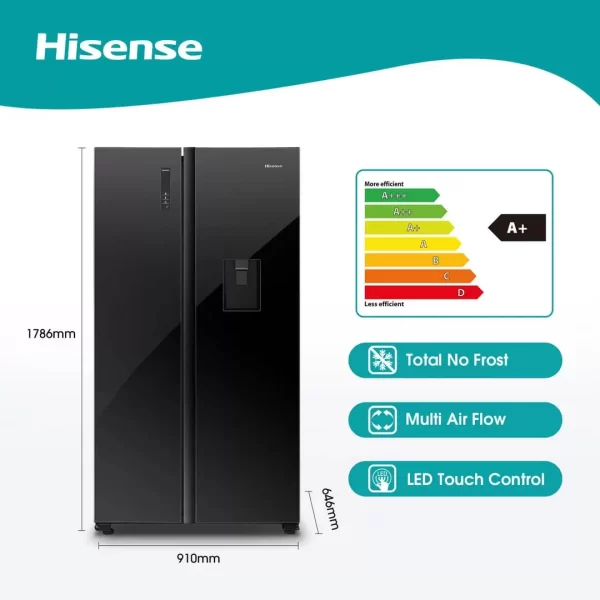 Hisense 670L Side-by-side Refrigerator with Water Dispenser H670SMIA-WD, Total No Frost – Glass Black - Image 2