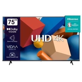 Hisense 75" 75A7KS UHD 4K Smart TV VIDAA, Inbuilt Free To Air Decoder, HDMI, USB, Youtube, Netflix, Built in Chromecast - Black