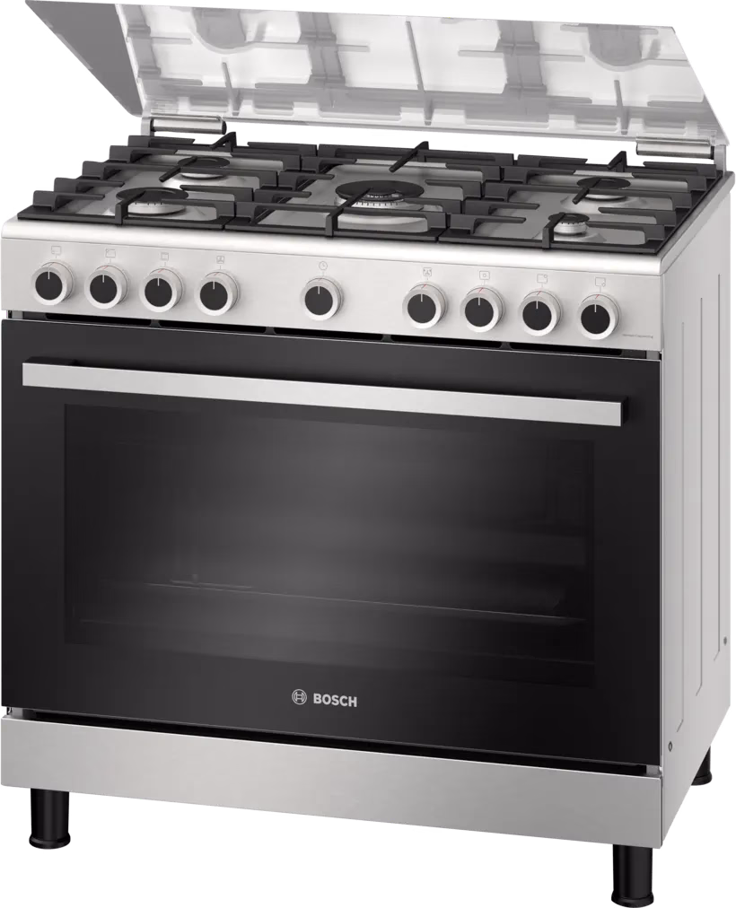 BOSCH Cooker 90x60cm, 5 Gas, Gas oven, Grill, Rotisserie - HGVDF0V52S - Semi inox