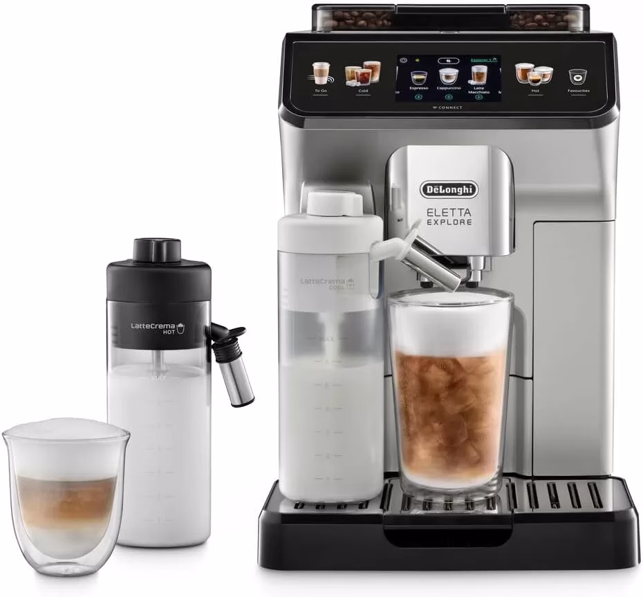 Delonghi Eletta Explore Automatic Coffee Machine, w/ LatteCrema Hot and Cool Creative Coffee, Wi-Fi ECAM450.65.S