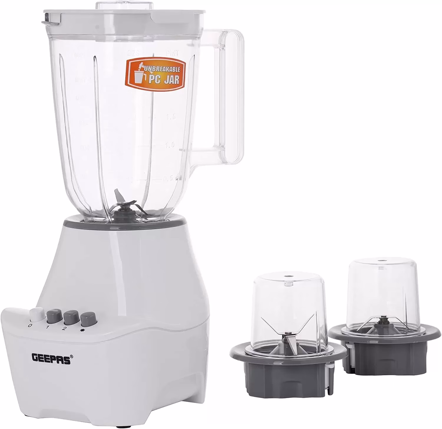 Geepas 3-In-1 Unbreakable Jar Blender GSB6104, 400W - White