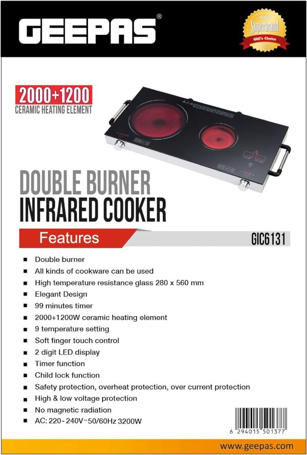 Geepas Double Digital Infrared Cooker | 2600W | GIC6131 - Image 2
