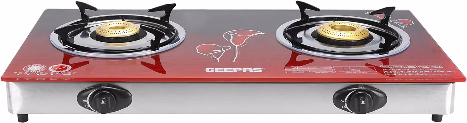 Geepas 2 Gas Burner Cooker, Top Glass, Auto Ignition GK5603
