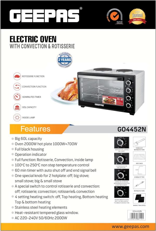 Geepas 60L Electric Oven With Hot Plates, Rotisserie, GO4452 - Image 8