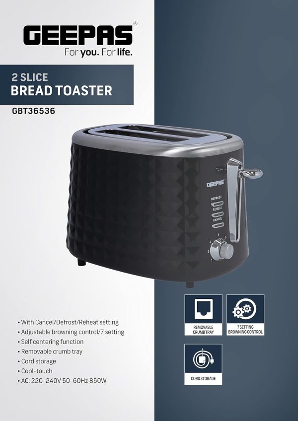 Geepas 850W 2 Slice Bread Toaster, Defrost & Reheat Function GTB26536 - Image 2