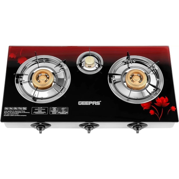 Geepas 3 Gas Burner Cooker | Top Glass | Auto Ignition | GGC31012