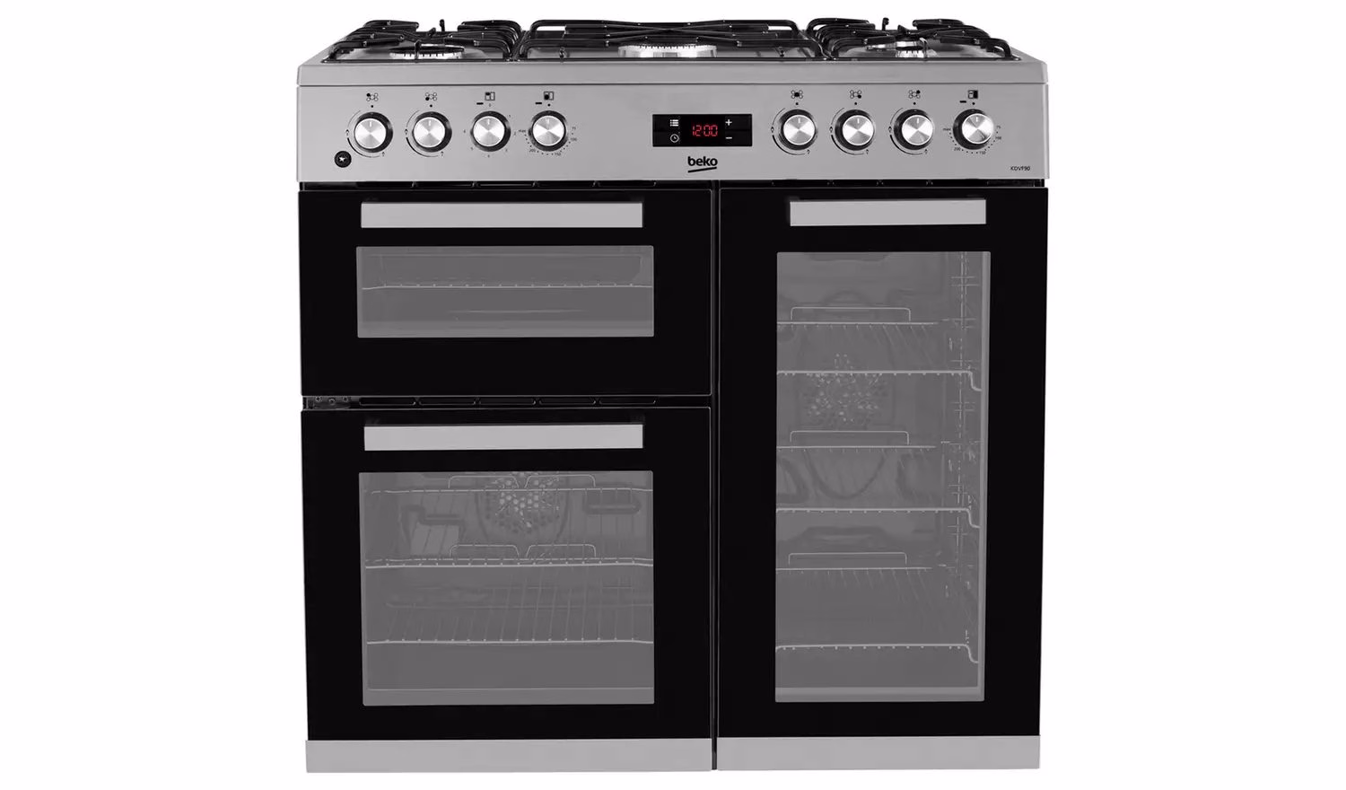 Beko 90cm Dual Fuel Range Cooker | KDVF90X | 5 Gas | Tripple Cavity | Electric Oven & Grill | Oven Fan | Auto Ignition | Flame Failure Device