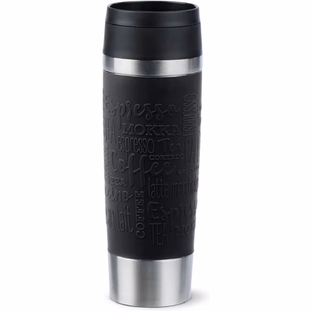 TEFAL Thermal Bottle Travel Mug Classic Black 0.5L, Comfort Screw Lid, Quick Press Drinkware, Soft-Touch Sleeve, Travel-Ready, Reusable, 100% Leak-Proof, Keeps Drinks Cold (12 hrs) and Hot (6 hrs), 360° Drinking, N2022010