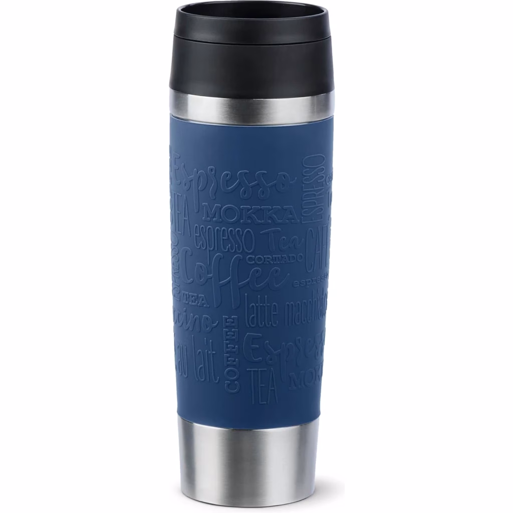 TEFAL Thermal Bottle Travel Mug Classic Dark Blue 0.5L, Comfort Screw Lid, Quick Press Drinkware, Soft-Touch Sleeve, Travel-Ready, Reusable, 100% Leak-Proof, Keeps Drinks Cold (12 hrs) and Hot (6 hrs), 360° Drinking, N2022110