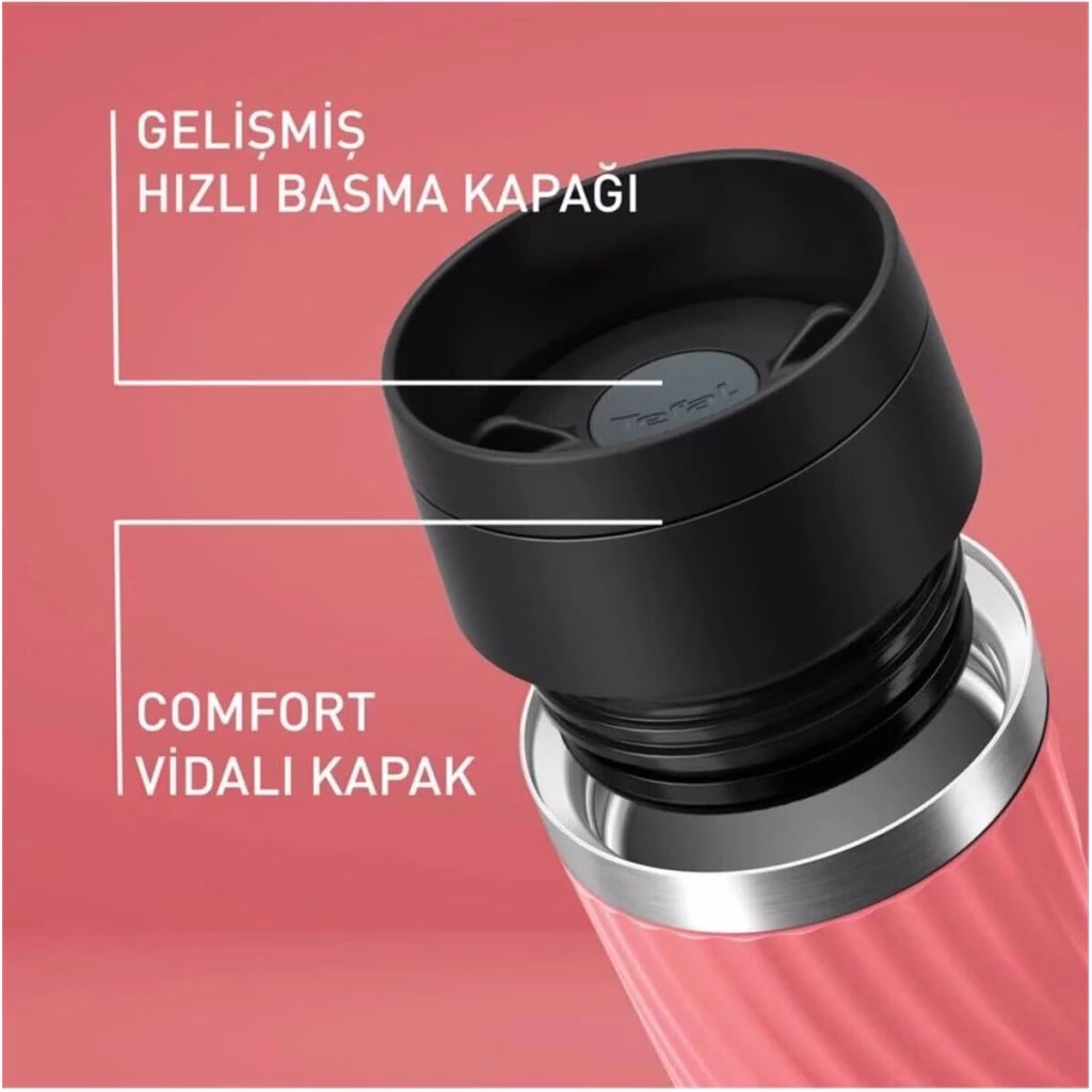 TEFAL Thermal Bottle Travel Mug Twist-Coral, Comfort Screw Lid, Quick Press Drinkware, Soft-Touch Sleeve, Travel-Ready, Reusable, 100% Leak-Proof, Keeps Drinks Cold (8 hrs) and Hot (4 hrs), 360° Drinking, N2024410 - Image 3