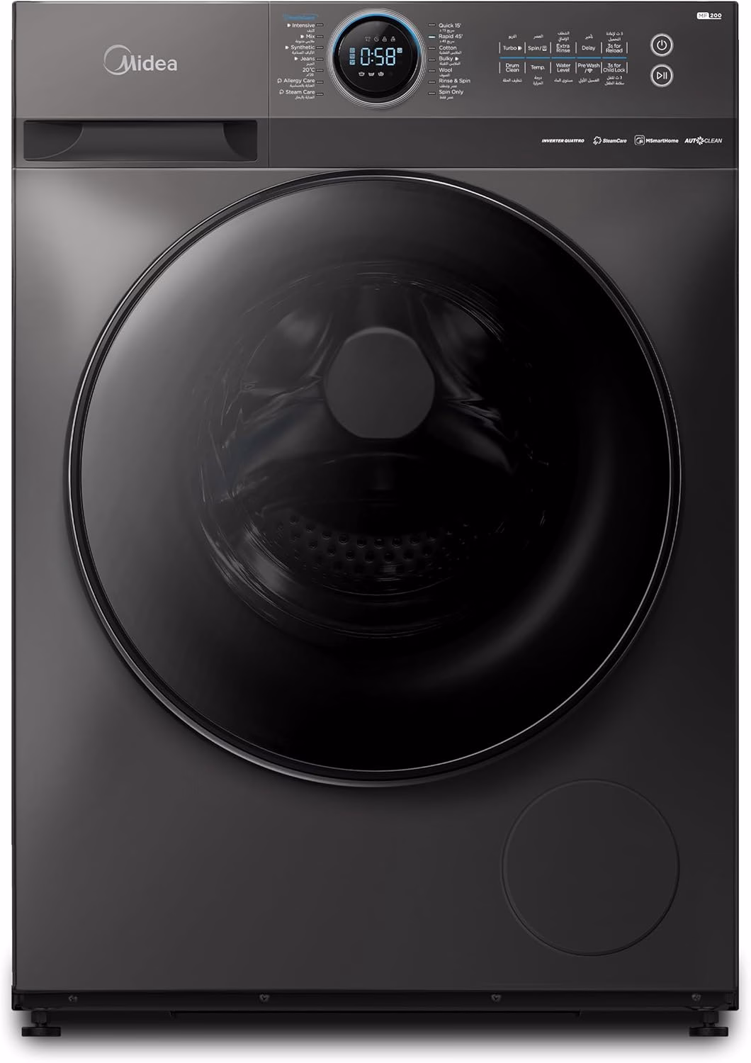Midea 10KG Front Load Smart Washing Machine with Lunar Dial, 1400 RPM, 14 Programs, Fully Automatic Washer, Digital LED Display, BLDC Inverter, Steam Care, Wi-Fi Connectivity, Titanium MF200W100WBTGCC