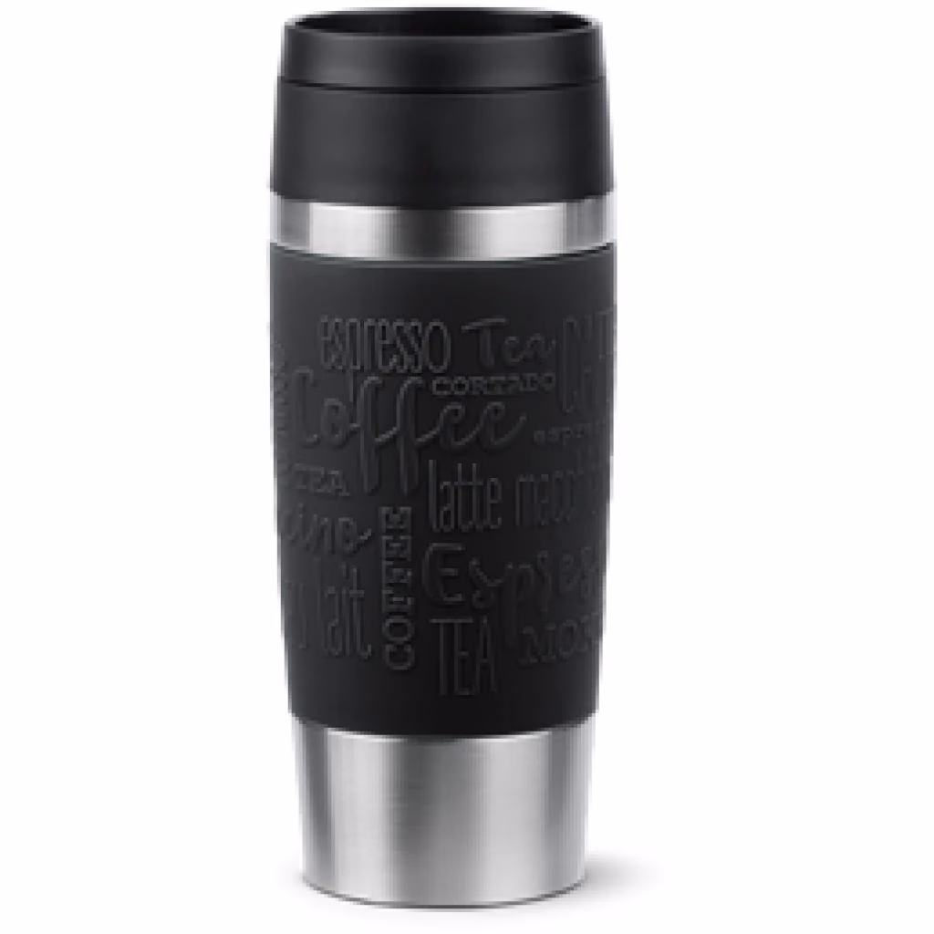 TEFAL Thermal Bottle Travel Mug Classic Black 0.36L, Comfort Screw Lid Drinkware, Quick Press, Soft-Touch Sleeve, Travel-Ready, Reusable, 100% Leak-Proof, Keeps Drinks Cold (8hrs) and Hot (4hrs), 360° Drinking, N2020210
