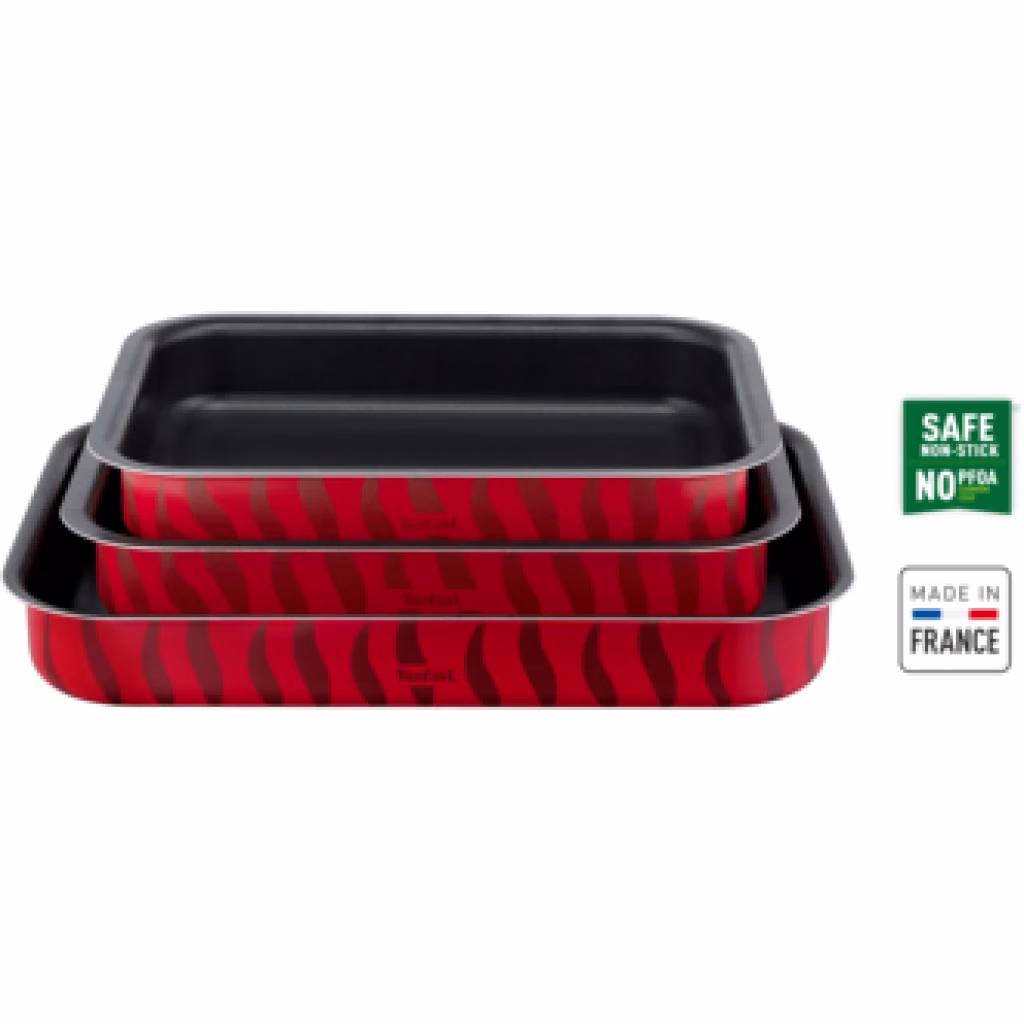 TEFAL Tempo Flame Bakeware, Baking Pans, 3-Piece Set-Oven Dishes, Non-Stick Coating, Aluminum, Heat Diffusion, Easy Cleaning, 2 Years Warranty-J5715482